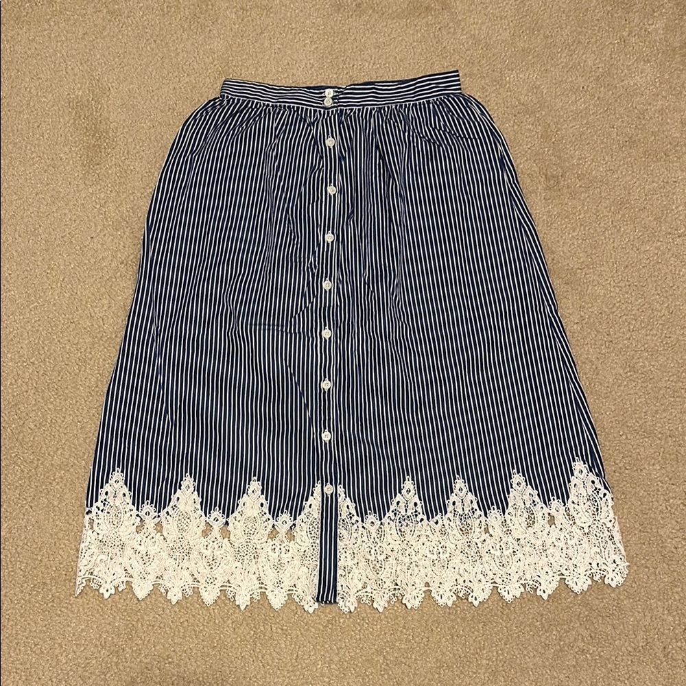Blue and White Midi A-Line Skirt with Smocked Slit